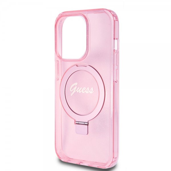 Guess iPhone 15 Pro Skal Ring Stand Glitter MagSafe Rosa
