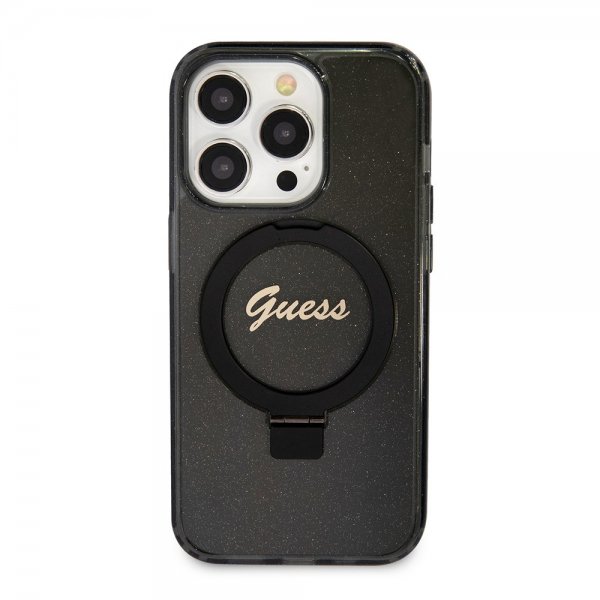 Guess iPhone 15 Pro Skal Ring Stand Glitter MagSafe Svart