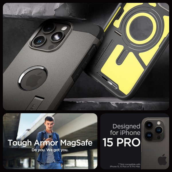 Spigen iPhone 15 Pro Skal Tough Armor MagFit Gunmetal