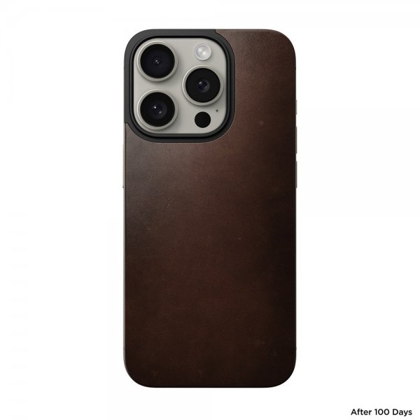 Nomad iPhone 15 Pro Skin Magnetic Leather Back Horween Rustic Brown