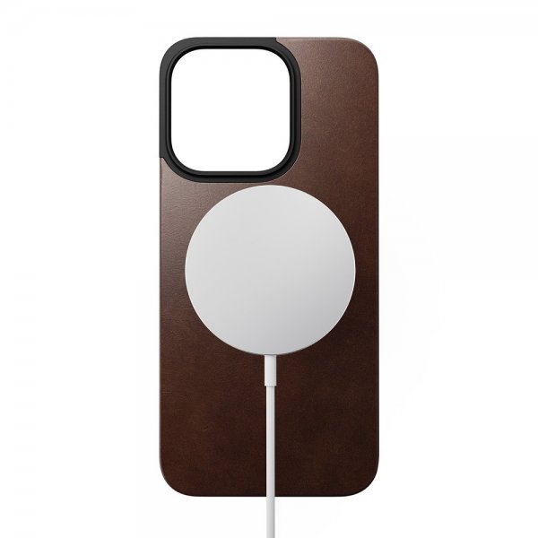 Nomad iPhone 15 Pro Skin Magnetic Leather Back Horween Rustic Brown