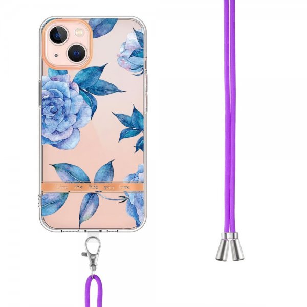 iPhone 15 Skal Blommönster med Strap Blå Pion
