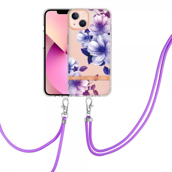 iPhone 15 Skal Blommönster med Strap Lila Begonia