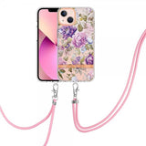 iPhone 15 Skal Blommönster med Strap Lila Pion