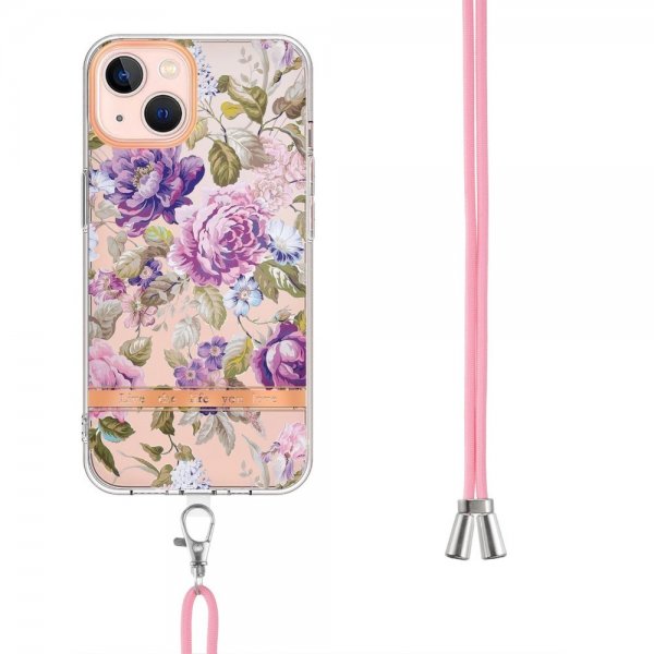 iPhone 15 Skal Blommönster med Strap Lila Pion