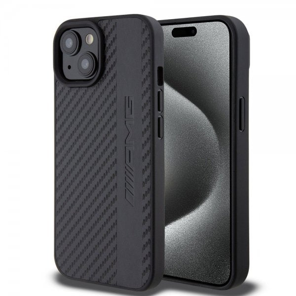 Mercedes Benz iPhone 15 Skal Carbon Effect Leather Stripe AMG Svart