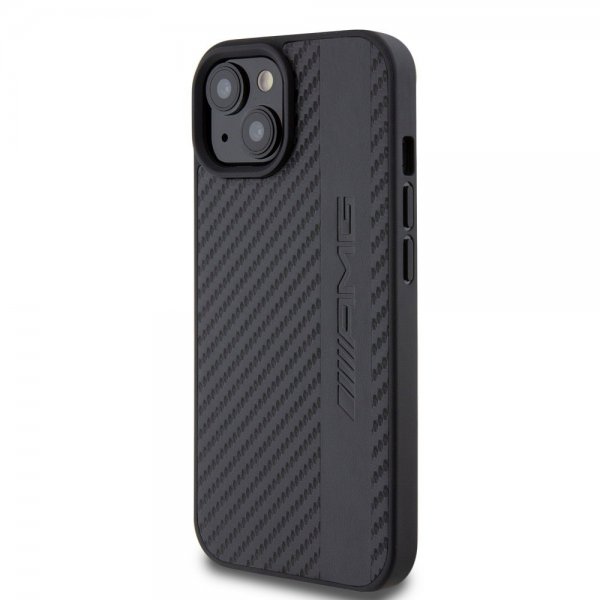 Mercedes Benz iPhone 15 Skal Carbon Effect Leather Stripe AMG Svart