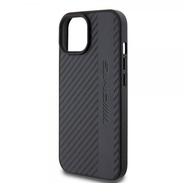 Mercedes Benz iPhone 15 Skal Carbon Effect Leather Stripe AMG Svart