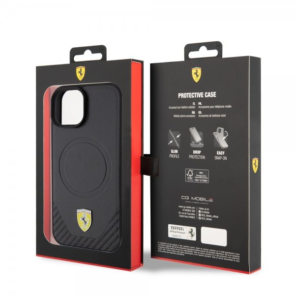 Ferrari iPhone 15 Skal Carbon PU Leather MagSafe Svart