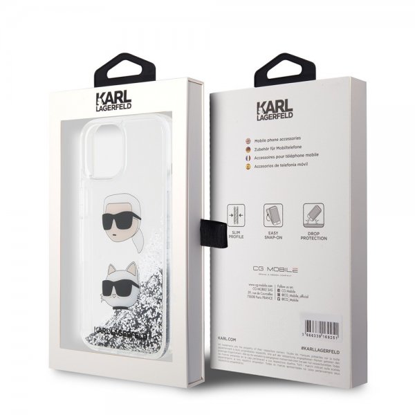 Karl Lagerfeld iPhone 15 Skal Liquid Glitter Karl & Choupette Silver