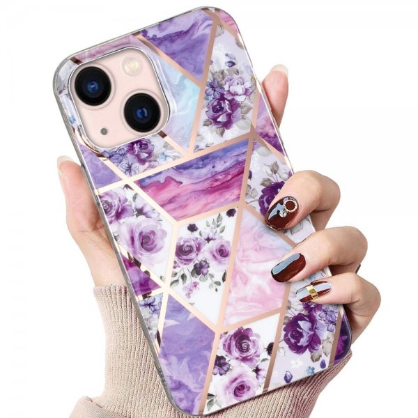 iPhone 15 Skal Marmormönster Blommor Lila