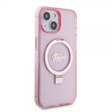 Guess iPhone 15 Skal Ring Stand Glitter MagSafe Rosa