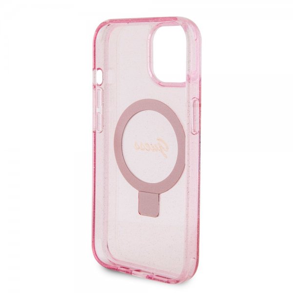 Guess iPhone 15 Skal Ring Stand Glitter MagSafe Rosa