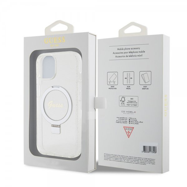 Guess iPhone 15 Skal Ring Stand Glitter MagSafe Transparent