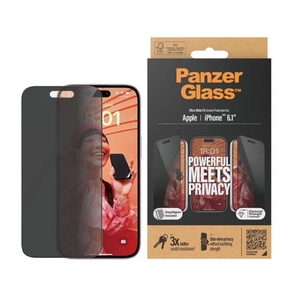 PanzerGlass iPhone 15 Skärmskydd Ultra-Wide Fit Privacy EasyAligner