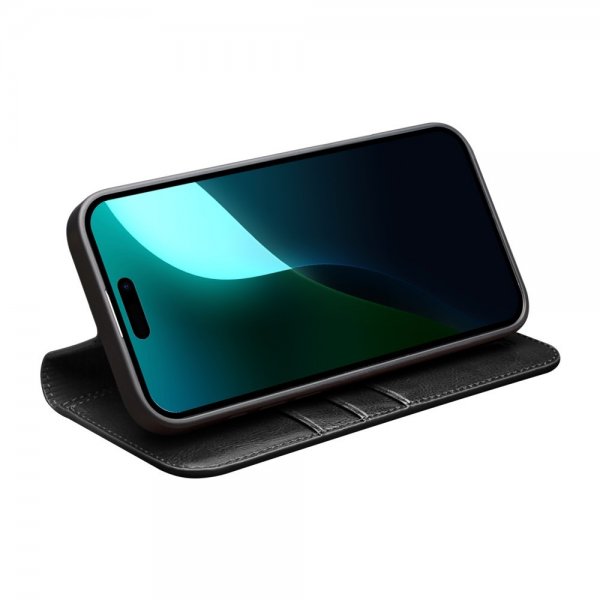 Qialino iPhone 16 Fodral Äkta Läder Svart