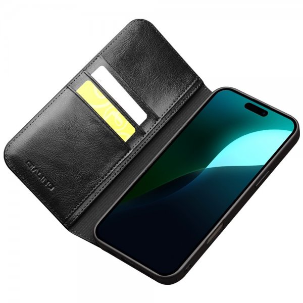 Qialino iPhone 16 Fodral Äkta Läder Svart