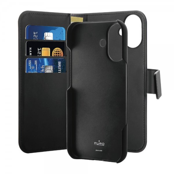 Puro iPhone 16 Fodral Wallet Detachable 2 in 1 Svart