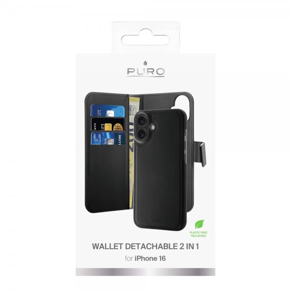 Puro iPhone 16 Fodral Wallet Detachable 2 in 1 Svart