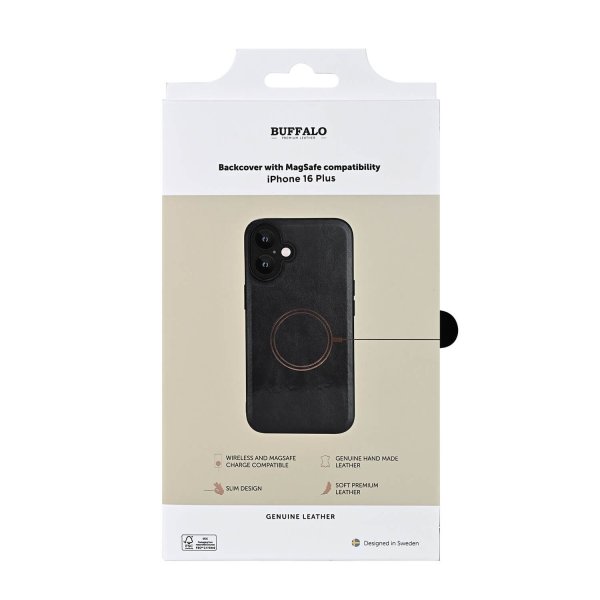 Buffalo iPhone 16 Plus Skal Äkta läder MagSeries Svart