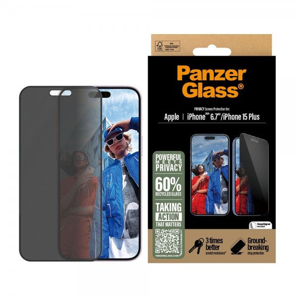 PanzerGlass iPhone 15 Plus/iPhone 16 Plus Skärmskydd Ultra-Wide Fit Privacy EasyAligner