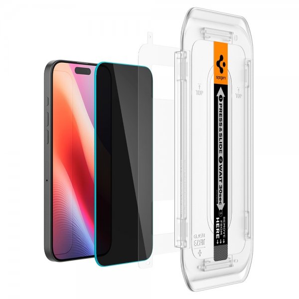 Spigen iPhone 16 Pro/iPhone 17/17 Pro Skärmskydd GLAS.tR EZ Fit Privacy 2-pack