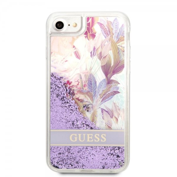 Guess iPhone 7/8/SE Skal Liquid Glitter Flower Pattern Lila