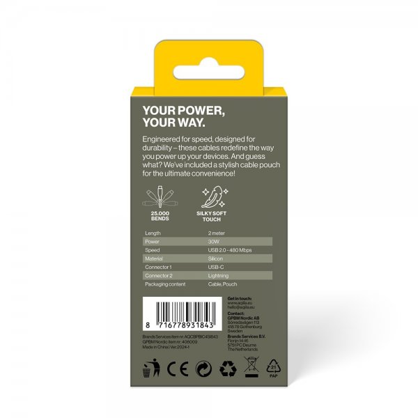 Aqiila Kabel Cablebird CS22 USB-C till Lightning 60W 2m Vit