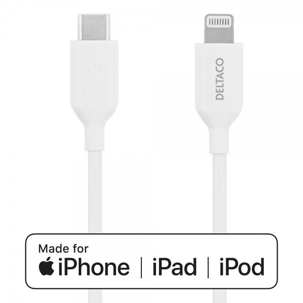 Deltaco Kabel USB-C Cable with Lightning Connector 1m Vit