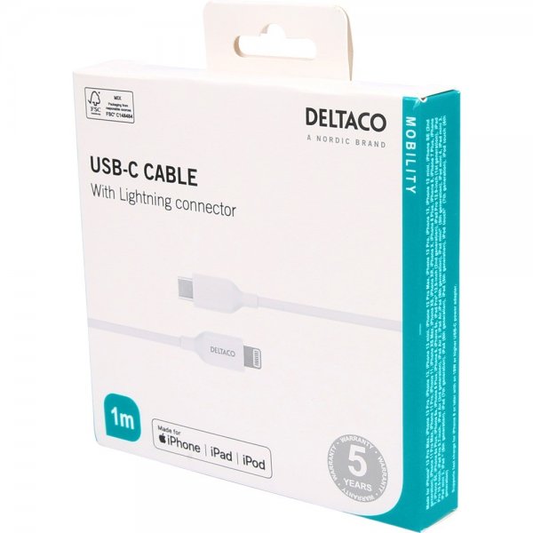 Deltaco Kabel USB-C Cable with Lightning Connector 1m Vit