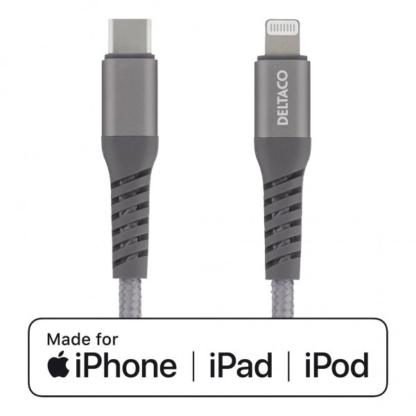 Deltaco Kabel USB-C till Lightning 1 meter Tygbeklädd Rymdgrå