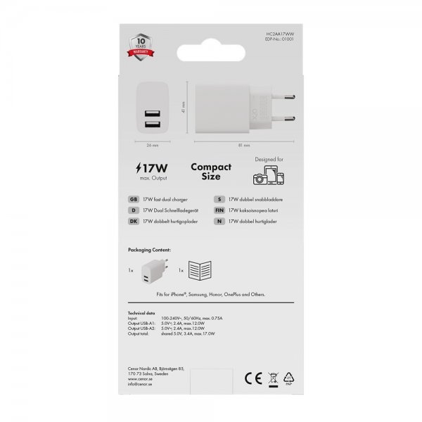 X2O Laddare 17W Dubbel USB-A/USB-A Vit