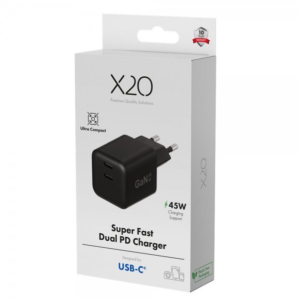 X2O Laddare 45W Dubbel USB-C/USB-C GaN Svart