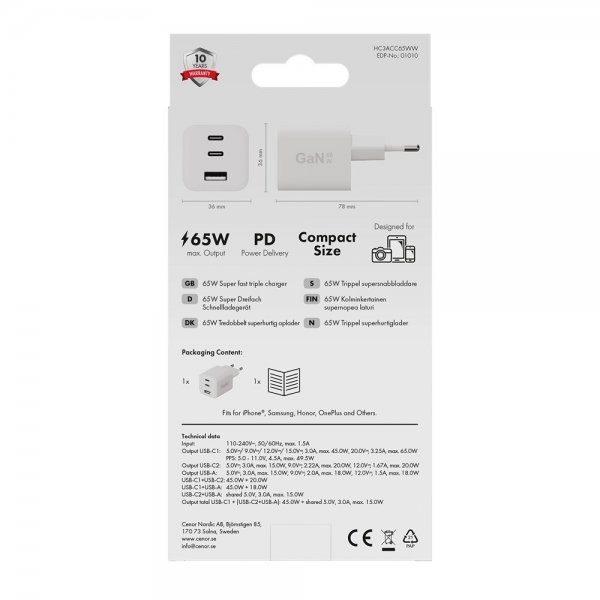 X2O Laddare 65W Trippel USB-C/USB-A GaN Vit