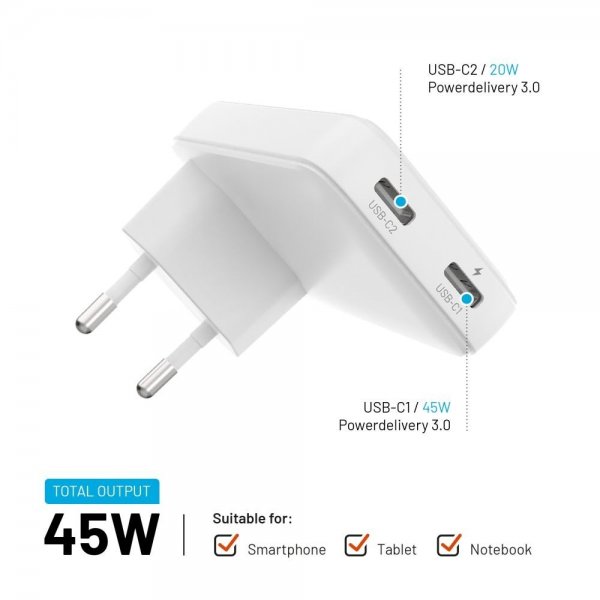 Fixed Laddare Slim GaN 45W 2xUSB-C