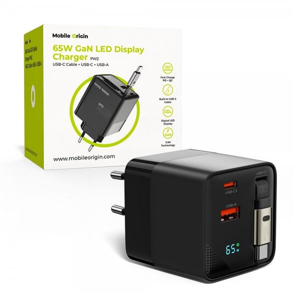 Mobile Origin Laddare med Display GaN 65W inbyggd USB-C Kabel