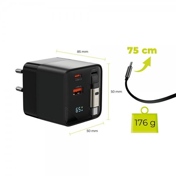 Mobile Origin Laddare med Display GaN 65W inbyggd USB-C Kabel