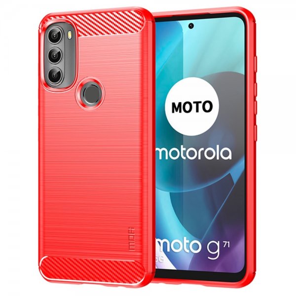 Mofi Motorola Moto G71 5G Skal Borstad Kolfibertextur Röd