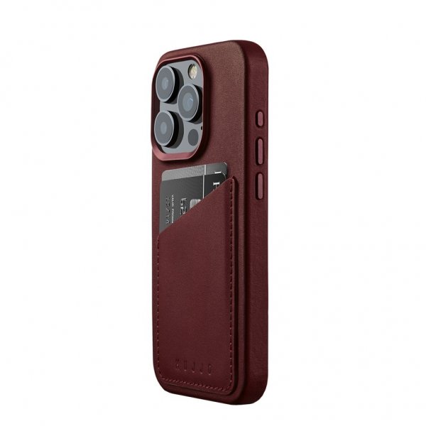 Mujjo iPhone 15 Pro Skal Full Leather Wallet Case MagSafe Burgundy
