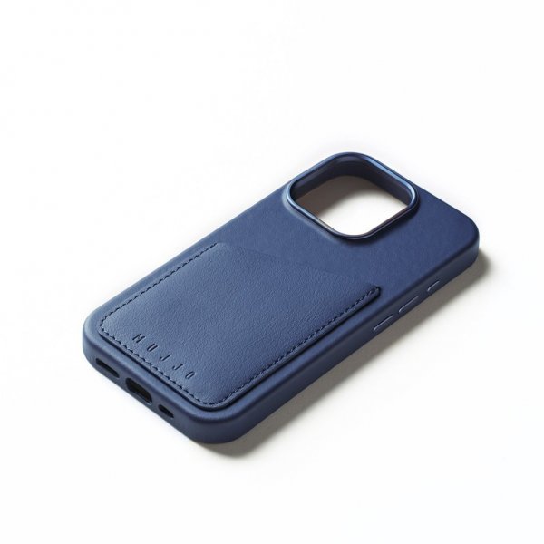 Mujjo iPhone 16 Pro Skal Full Leather Wallet Case Monaco Blue