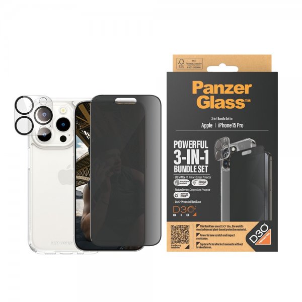 PanzerGlass iPhone 15 Pro 3-in-1 Bundle Set Privacy