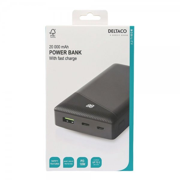 Deltaco Powerbank 20 000 mAh Fast Charge 18W Svart