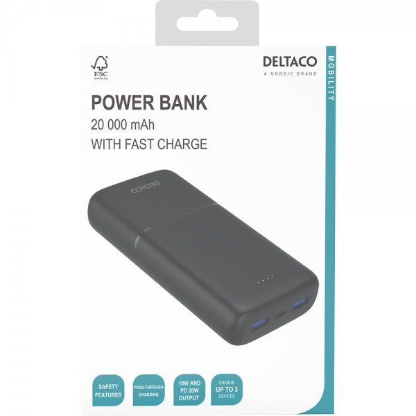 Deltaco Powerbank 20 000 mAh Fast Charge 20W Svart