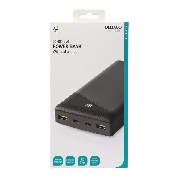 Deltaco Powerbank 30 000 mAh Fast Charge Svart