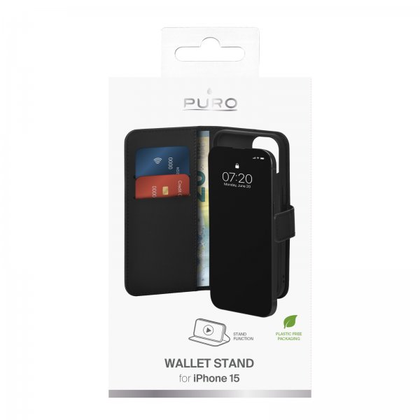 Puro iPhone 15 Fodral Wallet Stand Svart