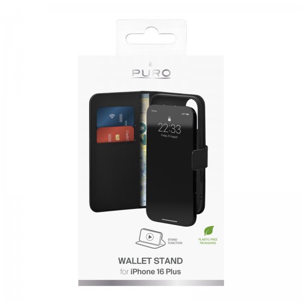 Puro iPhone 16 Plus Fodral Wallet Stand Svart