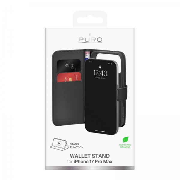 Puro iPhone 17 Pro Max Fodral Wallet Stand Svart