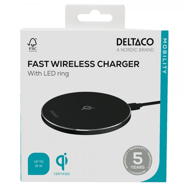 Deltaco Trådlös Laddare 15W LED Qi Svart