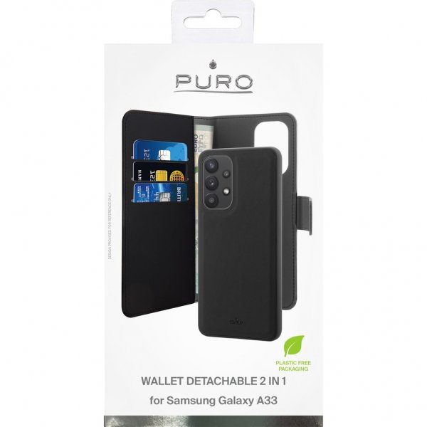 Puro Samsung Galaxy A33 5G Fodral 2 in 1 Wallet Case Löstagbart Skal Svart