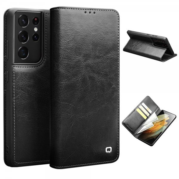 Qialino Samsung Galaxy S21 Ultra Fodral Äkta Läder Svart